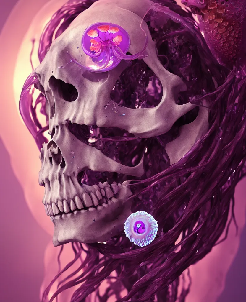 Image similar to goddess close - up portrait human skeleton, ram skull, jellyfish, orchid, betta fish, bioluminiscent, intricate artwork by tooth wu and wlop and beeple. octane render, trending on artstation, greg rutkowski very coherent symmetrical artwork. cinematic, hyper realism, high detail, octane render, 8 k