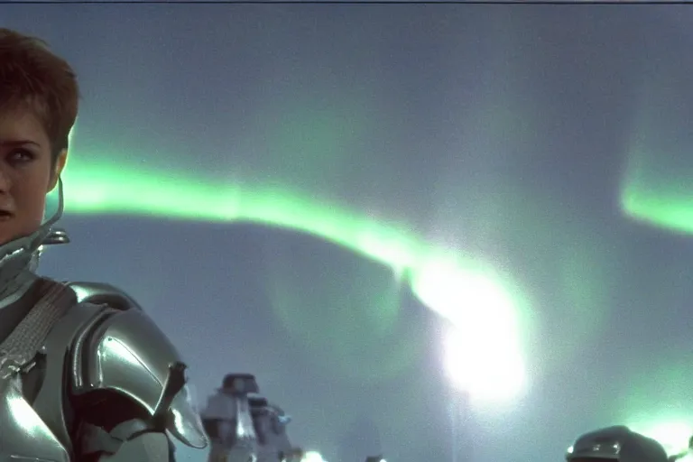 Prompt: Aurora in Starship Troopers (1997), highly detailed, high quality, HD, 4k, 8k, Canon 300mm, professional photographer, 40mp, lifelike, top-rated, award winning, realistic, sharp, no blur, edited, corrected, trending