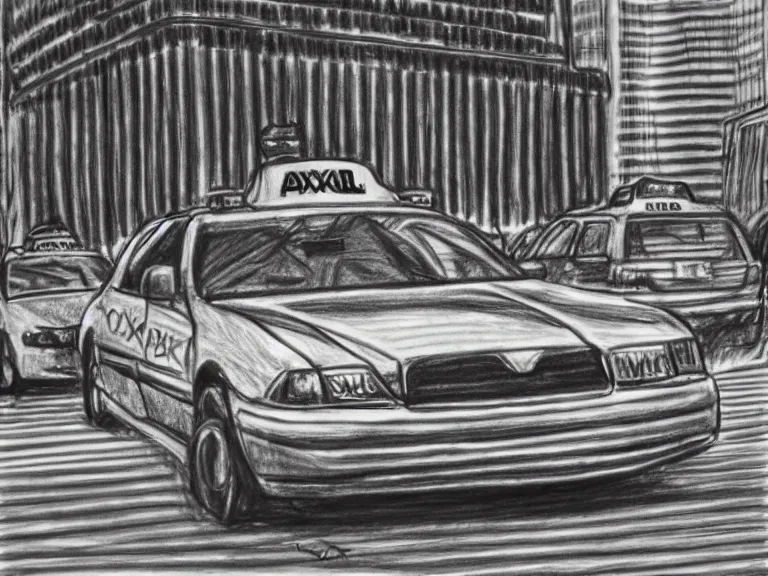 Image similar to a pencil drawing of one single taxi cab. by pen tacular