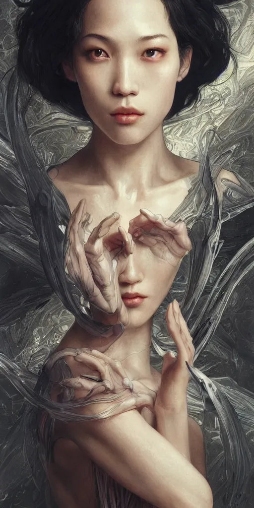 Image similar to Kiko Mizuhara, physically accurate, dramatic dynamic lighting, intricate, elegant, highly detailed, digital painting, artstation, very hyperrealistic, HR GIGER, Hieronymus Bosch, Francis Bacon, concept art, smooth, sharp focus, illustration, art by artgerm and greg rutkowski and alphonse mucha