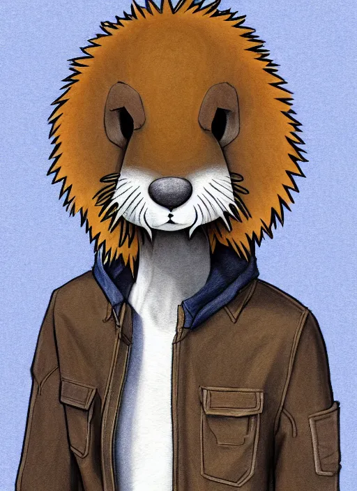 Image similar to expressive stylized master furry artist digital colored pencil painting full body portrait character study of the otter ( sergal ) small head fursona animal person wearing clothes jacket and jeans by master furry artist blotch