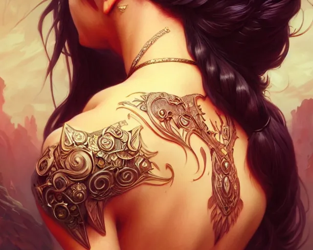 Image similar to back tattoo design, deep focus, d & d, fantasy, intricate, elegant, highly detailed, digital painting, artstation, concept art, matte, sharp focus, illustration, hearthstone, art by artgerm and greg rutkowski and alphonse mucha