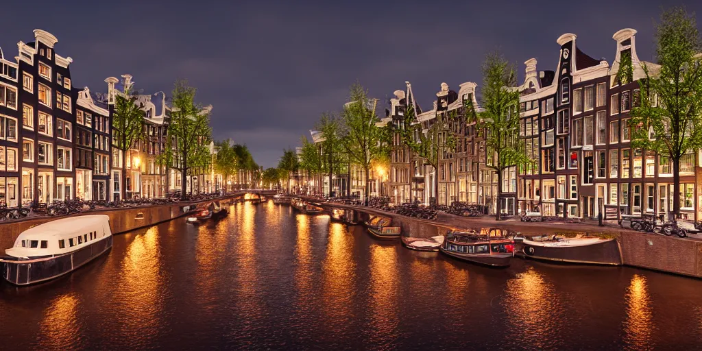 Image similar to realistic photo of Amsterdam ar night, leica, medium format, 8K, hyper realistic, very detailed,