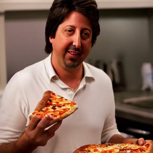 Prompt: Ray Romano eating a slice of pizza