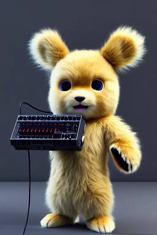 Prompt: high quality 3 d render very cute fluffy cyborg!! bear plays moog synthesizer, cyberpunk highly detailed, unreal engine cinematic smooth, in the style of blade runner & detective pikachu, hannah yata charlie immer, moody light, low angle, uhd 8 k, sharp focus