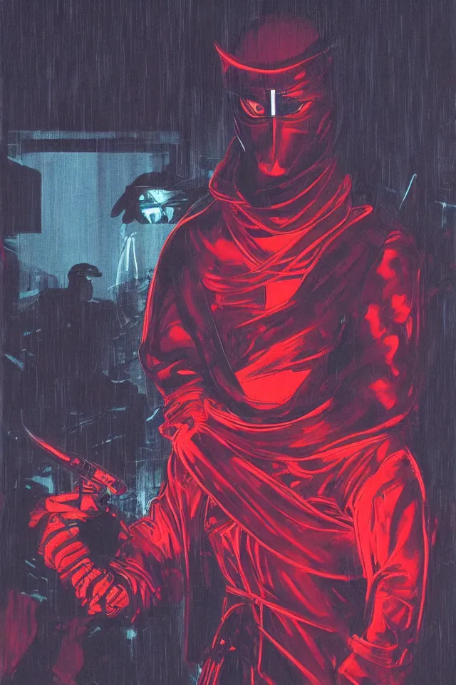 Image similar to character design, portrait, ninja, by syd mead, roger deakins, atmospheric neon rain at night, symmetry