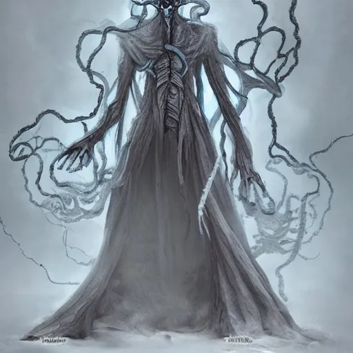 Image similar to concept designs for an ethereal ghostly wraith like figure with a squid like parasite latched onto its head and long tentacle arms that flow lazily but gracefully at its sides like a cloak while it floats around a frozen rocky tundra in the snow searching for lost souls and that hides amongst the shadows in the trees, this character has hydrokinesis and electrokinesis for the resident evil village video game franchise with inspiration from the franchise Bloodborne and the mind flayer from stranger things on netflix