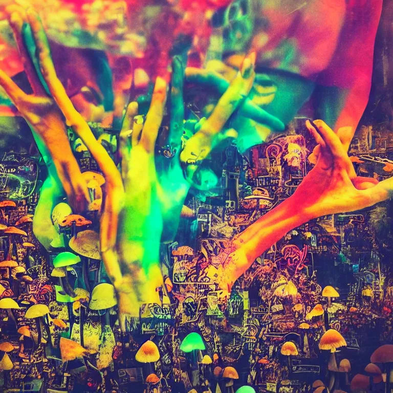 Image similar to double exposure of dally life, symbols of live, explosion, cyber mushroom city, love is the most relevant theme, love is infinity, love is begin of all, 8 k resolution, artistic mode, artistic, trending on instagram, long exposure, love art, serious, fantasy and dreams vibes, mushrooms style and macro style, colorful picture