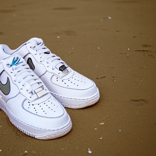 Image similar to photo of white nike air force one sneaker on a beach, color film photography, 3 5 mm,