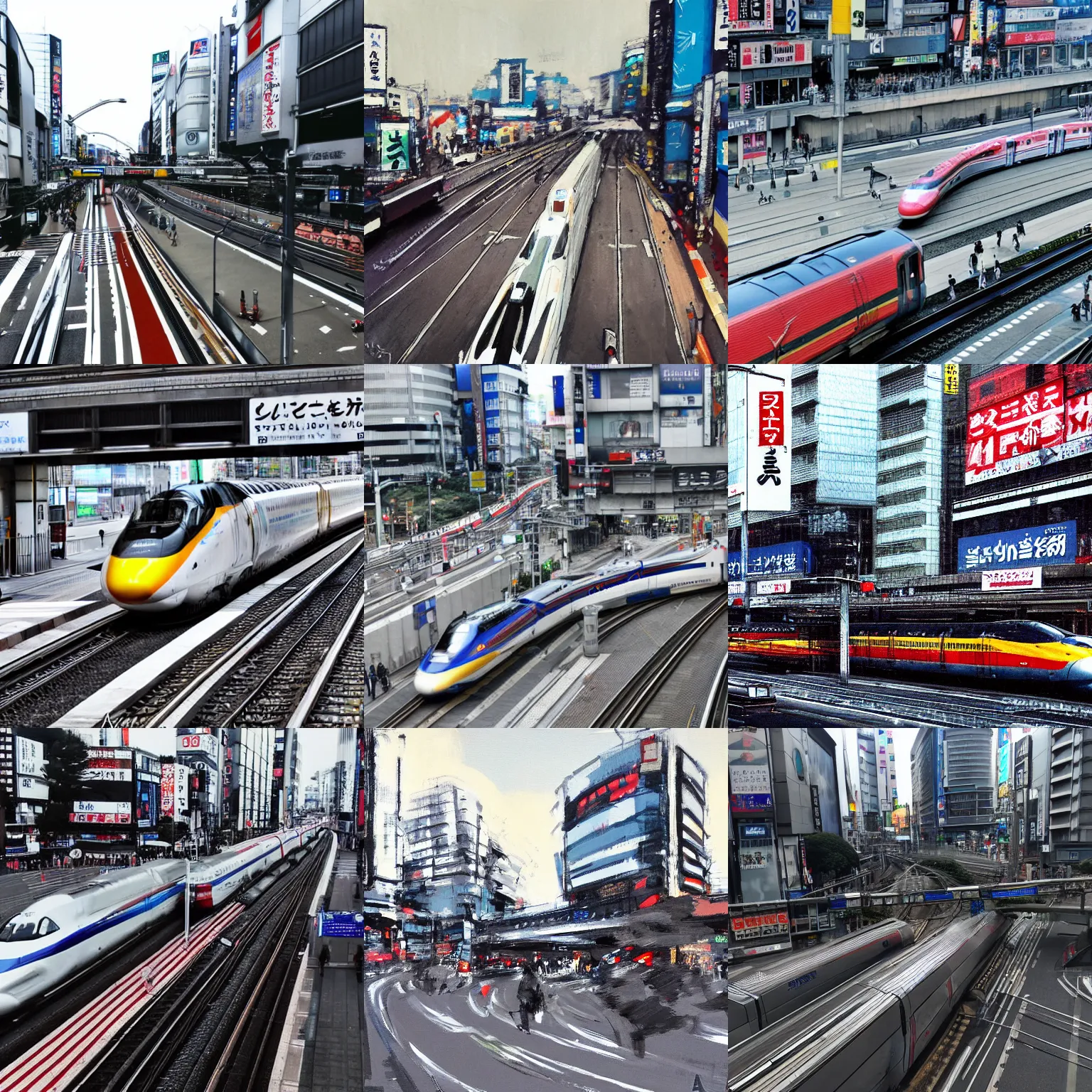 Prompt: a Shinkansen moving through Shibuya intersection by Ashley Wood