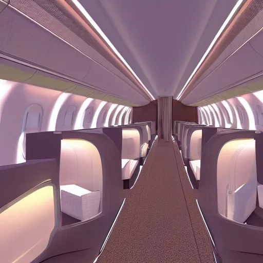 Prompt: Cabin interior of a business class suite, two aisles, widebody jet, tropical aesthetic, super detailed 3d render, unreal engine 5