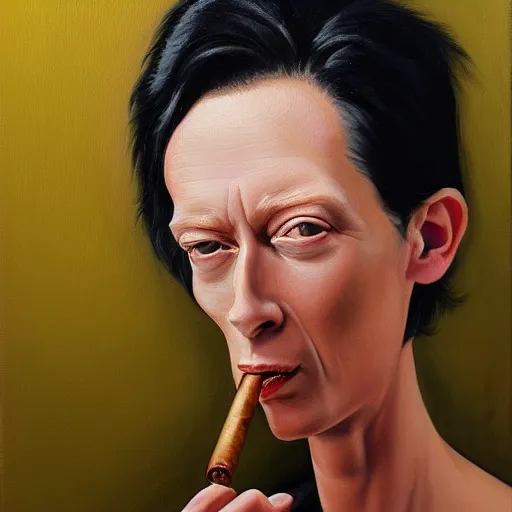 Image similar to an caricature of a young tilda swinton smoking a cigar, realistic oil painting by Mahesh Nambiar, trending on art station, 4K