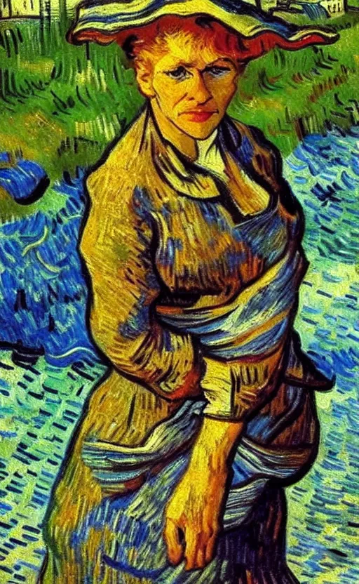 Image similar to detailed expressionist!! oil painting masterpiece portrait of a washerwoman in the river!! by van gogh, 8 k resolution, smooth, sharp focus, matte painting, beautiful masterpiece expressionist painting