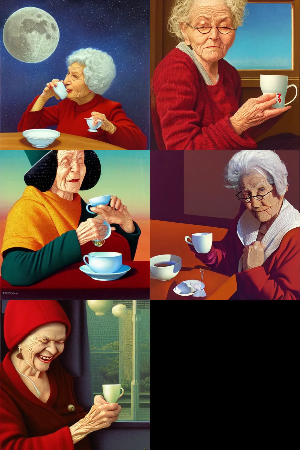 Prompt: portrait of an old woman drinking tea on the moon by greg hildebrandt.