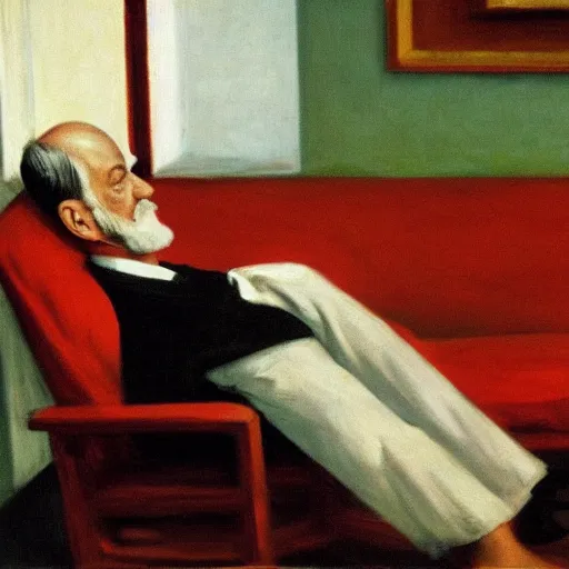 Prompt: Sigmund freud lying on the couch in a therapy room by Edward Hopper, evening light, light coming through the window