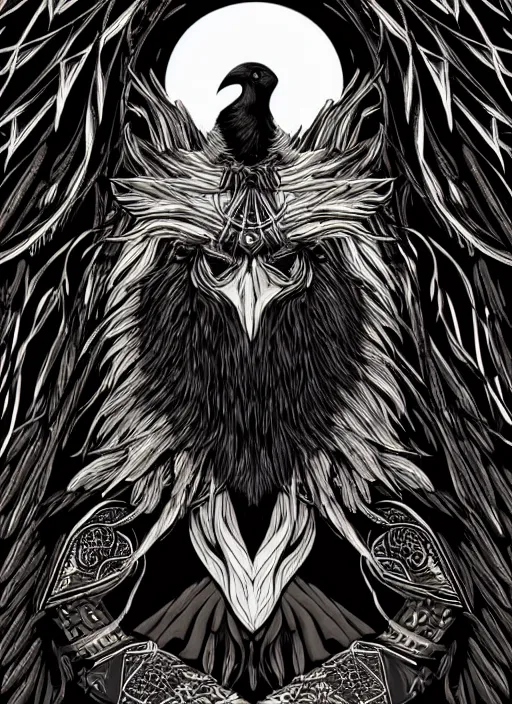 Image similar to warlock with the head of a raven, wind magic, exquisite details, black beard, white background, by studio muti