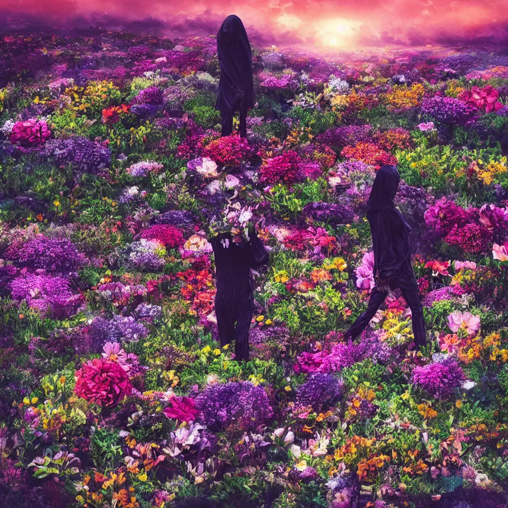 Image similar to a planet of various flowers, fungus and plants, in which the human figure is dressed in something magical and impressive, inside the picture is infinity, sunset light, Atmospheric phenomenon, artistic photography, muted colors, conceptual, long exposure outside the city