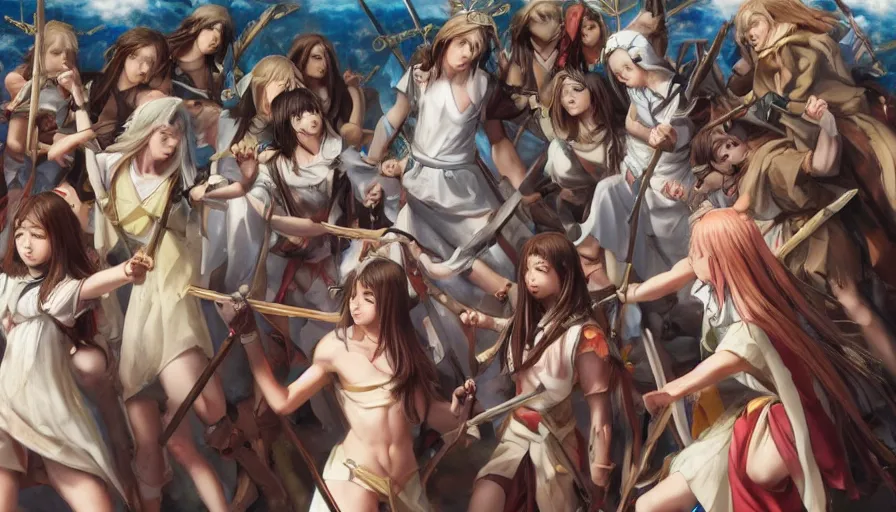 Image similar to jesus christ our lord leading an army of anime girls into battle, photorealistic, anime, mini skirt, long hair, renaissance painting, hyper real, detailed, closeup shot, ultra detailed