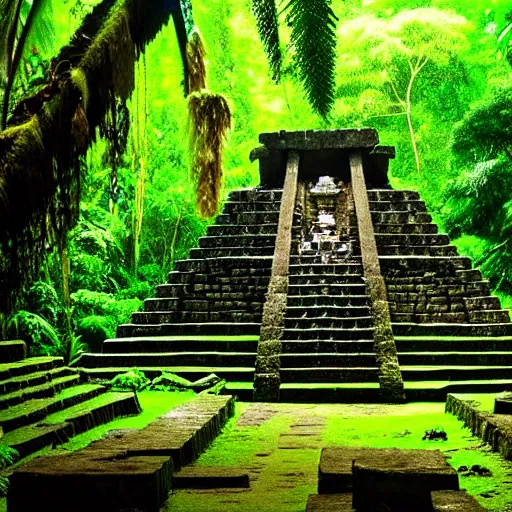 Prompt: a photo of a aztec temple in a rainforest