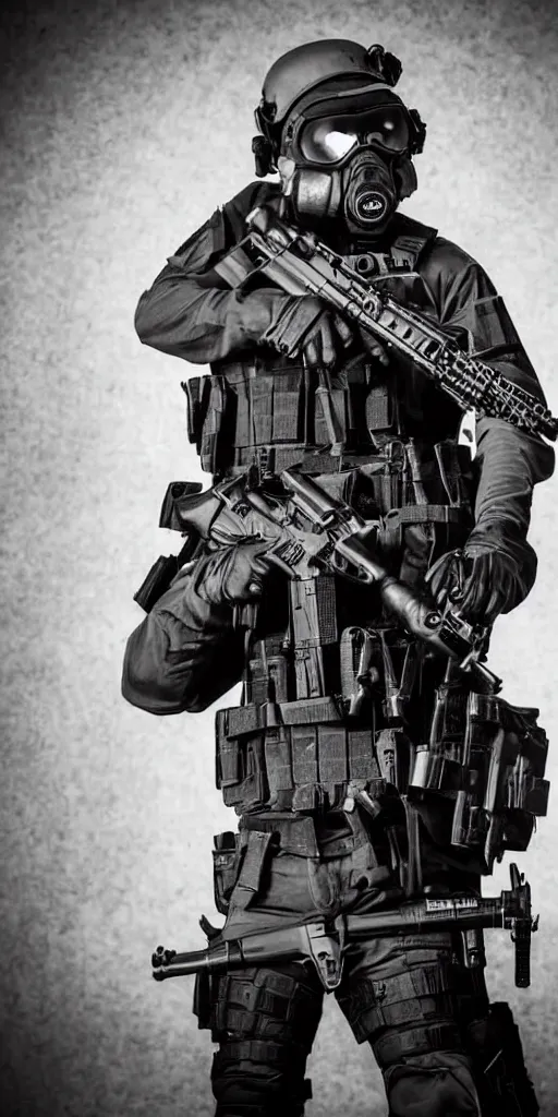 Image similar to portrait of a swat agent with a tactical helmet and goggles holding a machine gun, his head is burning , at night, mid shot, editorial photography