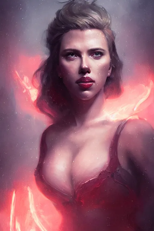 Image similar to a fancy portrait of Scarlett Johansson as a succubus by Greg Rutkowski, Sung Choi, Mitchell Mohrhauser, Maciej Kuciara, Johnson Ting, Maxim Verehin, Peter Konig, Bloodborne, macro lens, 35mm, 8k photorealistic, cinematic lighting, HD, high details, atmospheric,