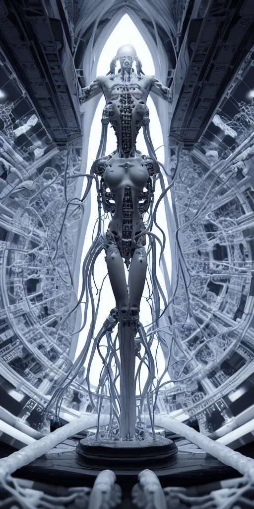 Prompt: high detailed dark space station interior a statue jesus on cross made of white marble, perfect symmetrical body, full body shot, inflateble shapes, wires, tubes, veins, jellyfish, white biomechanical details, wearing epic bionic cyborg implants, masterpiece, intricate, biopunk, vogue, highly detailed, artstation, concept art, cyberpunk, octane render