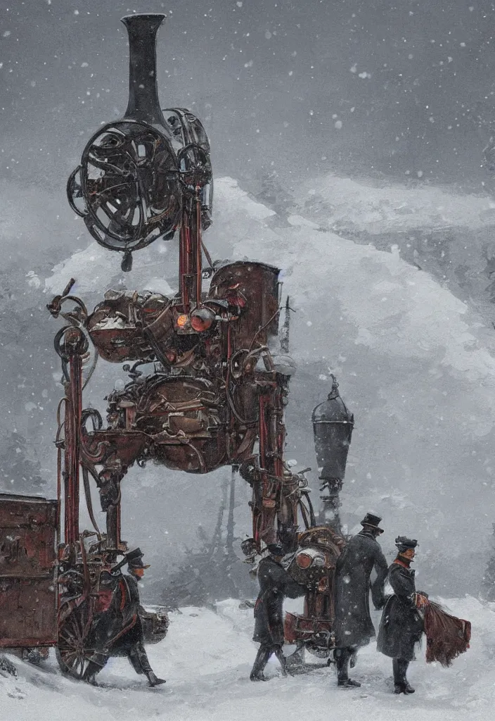 Prompt: Digital Art of a 1914 russian walking steam machine in the snow, Rozalski, trending on artstation