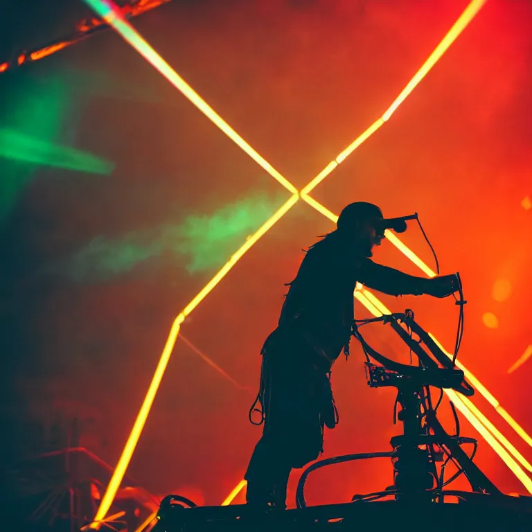 Image similar to rapping on a pirate ship, holding microphone, epic angle, profile view, silhouetted, distinct, psychedelic hip-hop, laser light show, beams of light