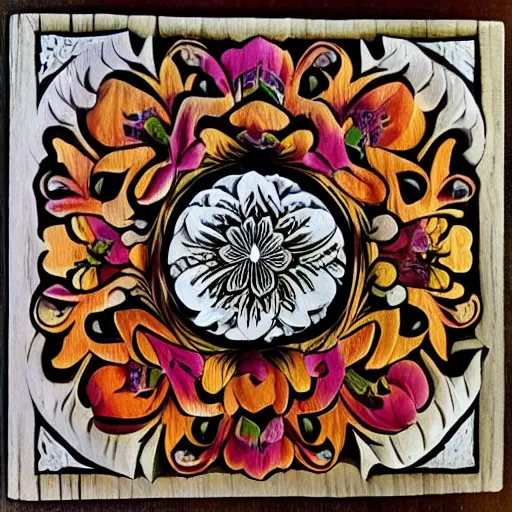 Image similar to Painted wood relief carving of Flowerpunk, explosion of flowers, intricately carved, fractal, tarot, black ink, holi