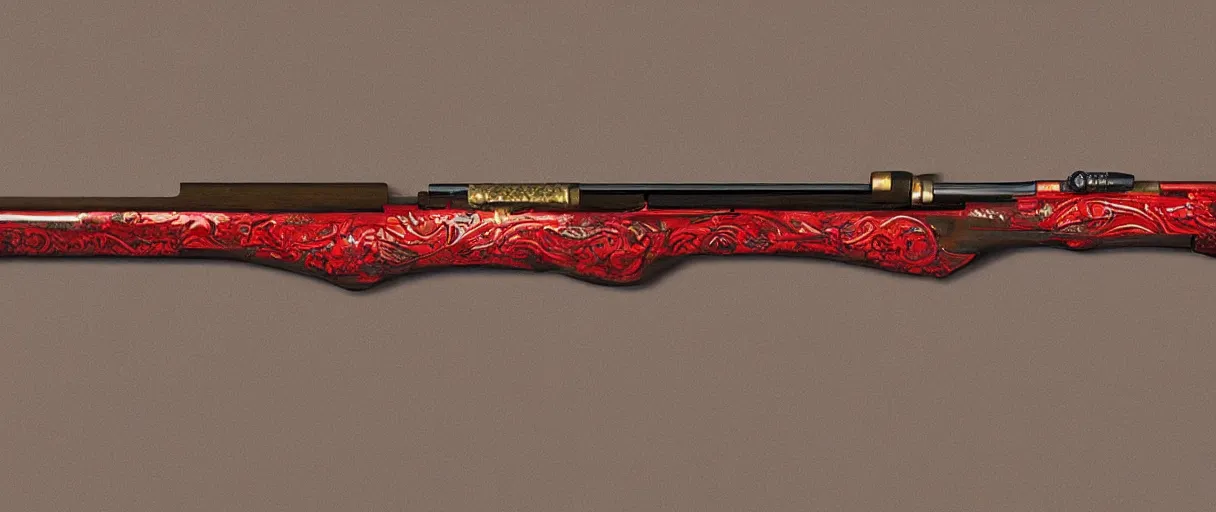 Image similar to a shotgun made from glossy red - painted wood and elements of gold metalwork