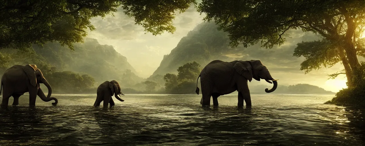 Image similar to an elephant taking bath in the river, beautiful dynamic lighting, cinematic, wide angle establishing shot, extremely high detail, photo realistic, cinematic lighting, post processed, concept art, artstation, matte painting, style by frederic church, raphael lacoste, unreal engine 8 k