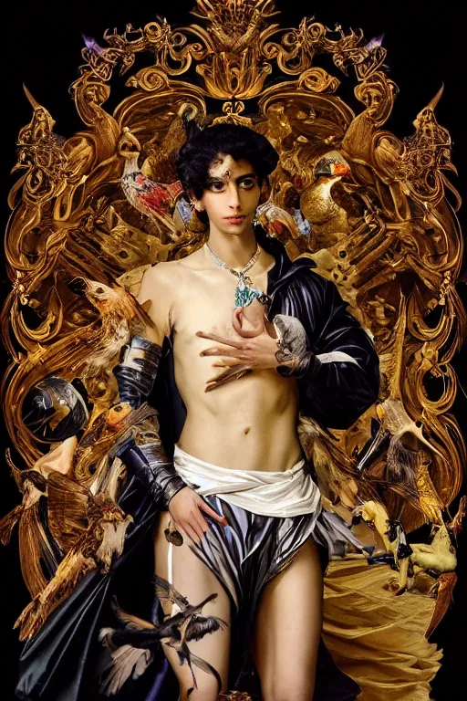 Prompt: full-body baroque and cyberpunk style sculpture of a young handsome Latino prince as a half cibernetic android running low on battery, alert glowing, laser beam eyes, crown of giant diamonds, flowing neon-colored silk, fabric, raptors. baroque elements. full-length view. baroque element. intricate artwork by caravaggio. many many birds birds on background. Trending on artstation, octane render, cinematic lighting from the right, hyper realism, octane render, 8k, depth of field, 3D