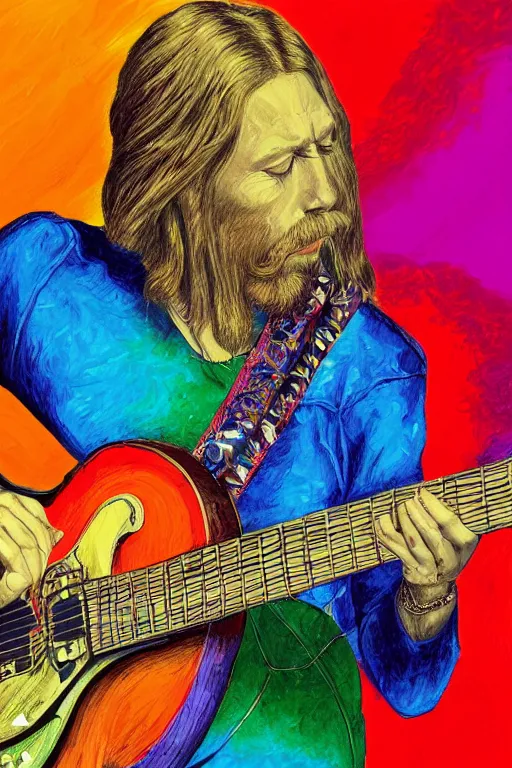 Image similar to a professional painting of Duane Allman, in brightly colored psychedelic shirt, playing a guitar, long hair, beautiful bone structure, symmetrical facial features, intricate, elegant, digital painting, concept art, smooth, sharp focus, illustration, William-Adolphe Bouguerea, epic, stunning, gorgeous, intricate detail, much wow, ultra realistic, photorealism, 4K, masterpiece, trending on artstation