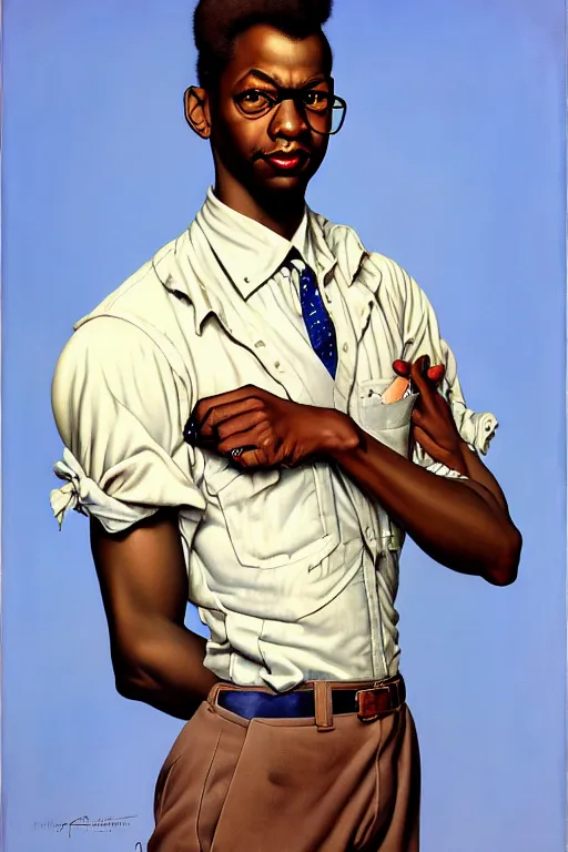 Image similar to tarik luqmaan trotter portrait by gil elvgren and norman rockwell and rob gonsalves and hajime sorayama, hyperrealistic, high detail, ultra detailed, highly detailed face, ruffled fabric