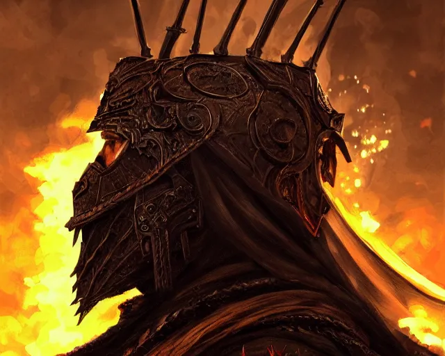 Image similar to realistic side view painting of a king in the mountain, angry, beautiful face, black iron armour, sword, lava, dramatic lighting, intricate, wild, highly detailed, digital painting, artstation, concept art, smooth, sharp focus, illustration