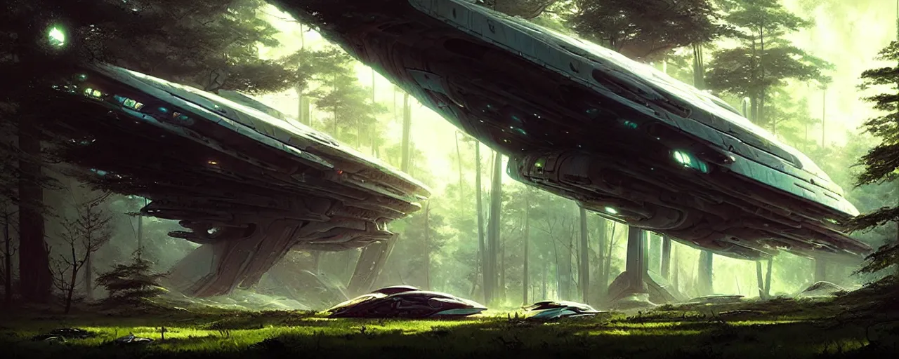 Image similar to a giant spaceship wrecked and lost in the forest, detailed digital art by greg rutkowski.