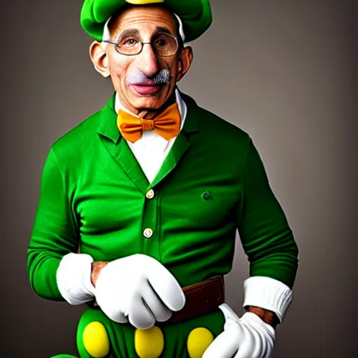 Image similar to uhd candid photo of hyperdetailed anthony fauci dressed as luigi. correct face, cinematic lighting, photo by annie leibowitz, and steve mccurry.