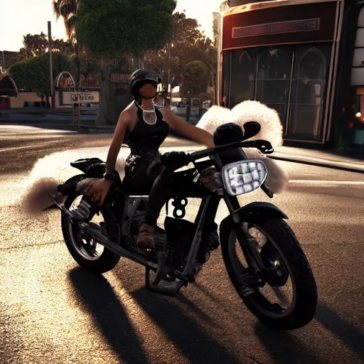 Image similar to a photorealistic image of bichon frise riding a black motorcycle in Hollywood at sundown. This 4K HD image is Trending on Artstation, featured on Behance, well-rendered, extra crisp, features intricate detail and the style of Unreal Engine.