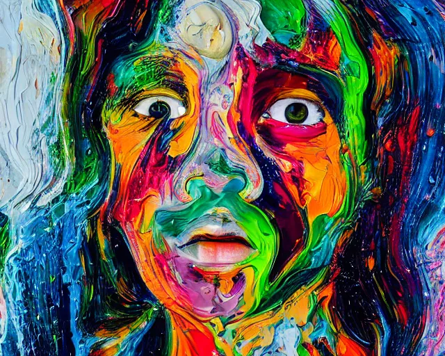 Prompt: abstract expressionist portrait of a woman's head made of very thick impasto paint and acrylic pour and coloured powder explosion and splashing paint and dripping paint and flying paint chunks, motion blur, hyperrealistic, intricate art photography, anatomically correct, realistic crisp textures, 1 6 k