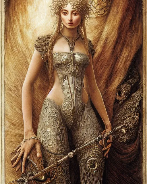 Image similar to in the style of beautiful sophie turner, steampunk, detailed and intricate by jean delville, gustave dore and marco mazzoni, symbolist, visionary, gothic, pre - raphaelite