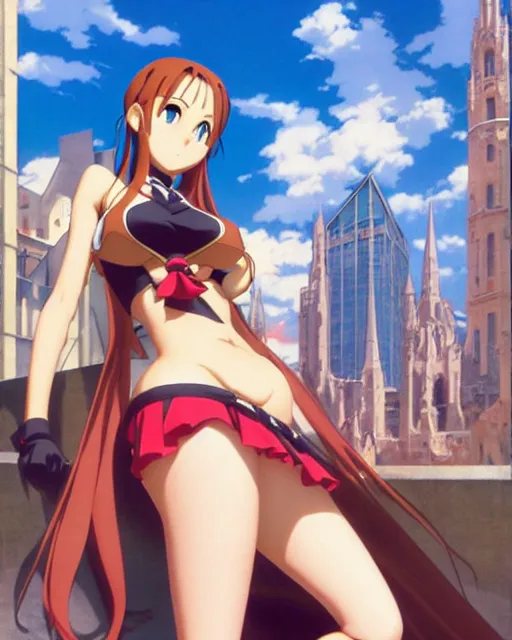 Prompt: pinup photo of asuna from sao in the crowded square of the city, asuna by a - 1 pictures, by jean giraud, kezie demessance, gil elvgren, james jean, enoch bolles, glossy skin, pearlescent, anime, very coherent, sao style anime, flat