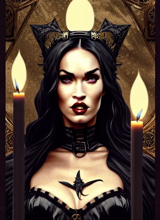 Image similar to megan fox witch queen, black eyes, blood, full body, intricate victorian dress, middle shot, cinematic lighting, studio quality, symmetrical eyes, artgerm, joshua middleton, rafael albuquerque, moody lighting, candles, art style by klimt, nixeu and ian sprigger and wlop and krenz cushart