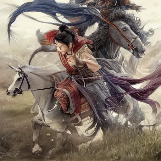 Image similar to dynamic composition, motion, ultra-detailed, incredibly detailed, a lot of details, amazing fine details and brush strokes, colorful and grayish palette, smooth, HD semirealistic anime CG concept art digital painting, watercolor oil painting of meadow and sunrise, from Three Kingdoms, by a Chinese artist at ArtStation, by Huang Guangjian, Fenghua Zhong, Ruan Jia, Xin Jin and Wei Chang. Realistic artwork of a Chinese videogame, gradients, gentle an harmonic grayish colors.