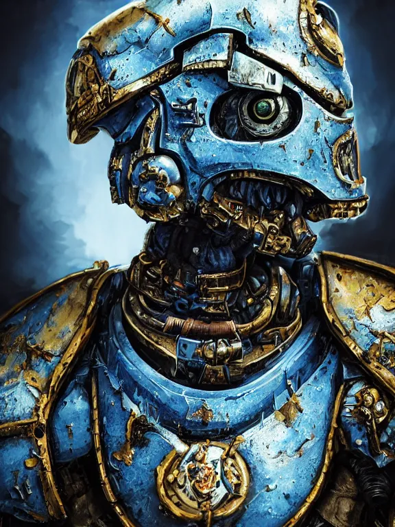 Image similar to portrait art of 8k ultra realistic undead space marine,smashed helmet, detailed blue intricate ornate armour,decaying, cybernetic, full of colour, cinematic lighting, battered, trending on artstation, 4k, hyperrealistic, focused, extreme details,unreal engine 5, cinematic, masterpiece, art by ayami kojima, giger
