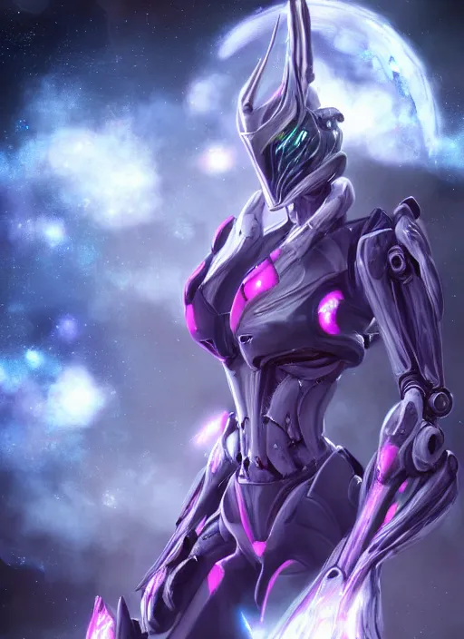 Image similar to cinematic shot, bust, cosmic sized perfectly proportioned stunning beautiful hot female warframe, robot mecha female dragon head, silver armor, fuschia leds, floating in empty space, nebula sized, holding a galaxy, epic proportions, epic size, epic scale, furry art, dragon art, giantess art, warframe fanart, furaffinity, deviantart