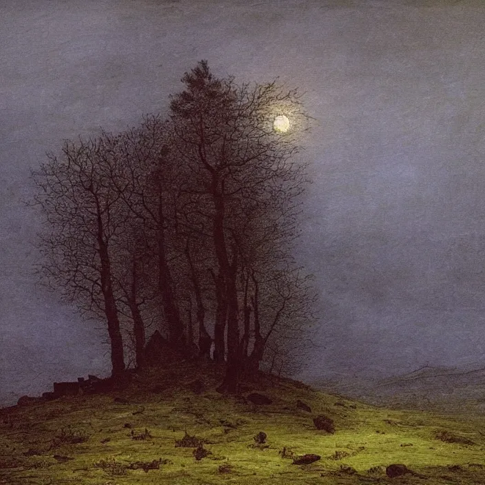 Image similar to painting of a cabin in the moorland by caspar david friedrich, at night, eerie, supernatural