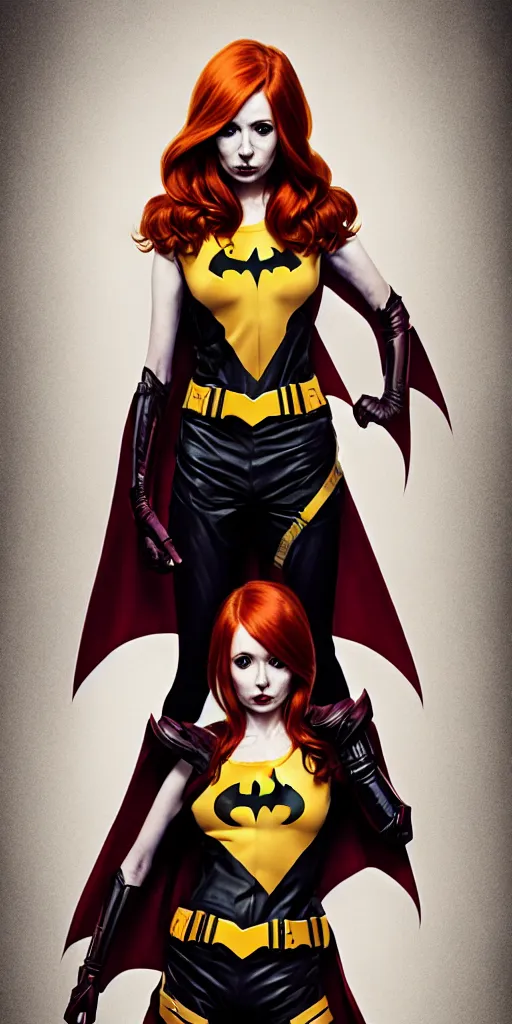 Image similar to Karen Gillan Batgirl, redhead, full body Batgirl torn costume with cape, no mask, bruised, symmetrical face symmetrical eyes, fight pose, illustration, artstation, cinematic lighting, hyperdetailed, cgsociety, 8k, high resolution, Charlie Bowater, Tom Bagshaw, Norman Rockwell, insanely detailed and intricate