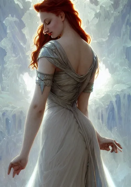 Image similar to sansa angeline jolie gessica chastain ice queen, intricate, elegant, highly detailed, digital painting, artstation, concept art, smooth, sharp focus, illustration, art by artgerm and greg rutkowski and alphonse mucha and william - adolphe bouguereau