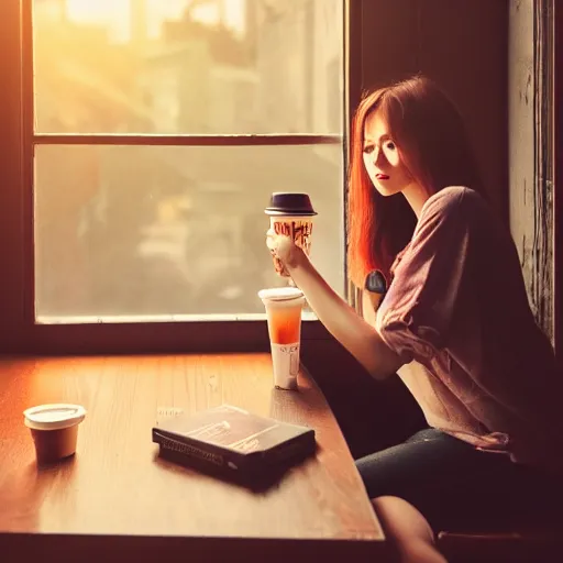 Prompt: dslr photo of a pretty, mysterious coffee shop girl, sitting across the room, next to a window, drinking a strawberry iced latte, dim light, dusk, artgerm, artstation, very high quality face, intricate details, extremely high quality, moody lighting, real camera, 8 k