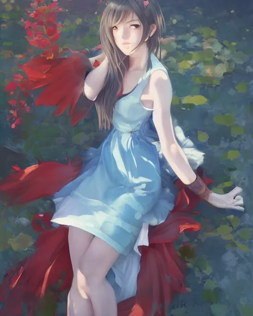 Image similar to elegant tifa lockhart in a red cottagecore dress, portrait, illustration, rim light, top light, summer clear blue sky, perfectly shaded, soft painting, art by krenz cushart and wenjun lin